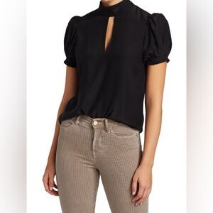 Frame Small Pleated Puff-Sleeve Silk Mock Neck Blouse Black Dressy‎ Classic